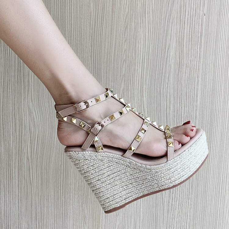High Heel Platform Roman Sandals with Studs and Ankle Strap