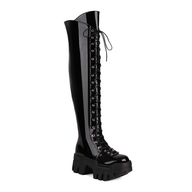 Women's Over-the-Knee High Heel Platform Boots with Side Zipper and Cross Lace-Up - Image 4