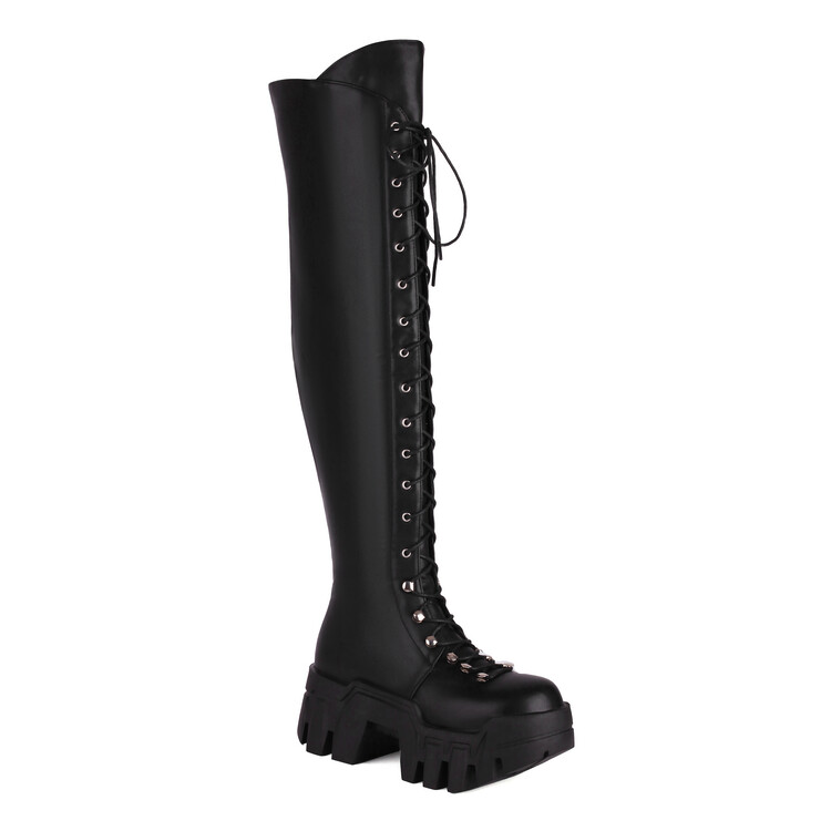 Women's Over-the-Knee High Heel Platform Boots with Side Zipper and Cross Lace-Up - Image 3