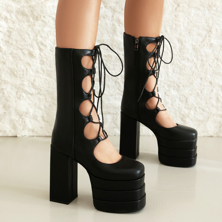 Women's High Shaft Square Toe Lace-Up Platform Boots