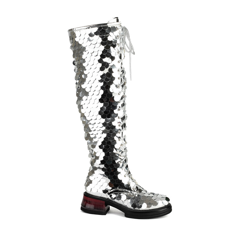 Silver Sequin Over-the-Knee Fashion Boots with Double Zipper - Image 5