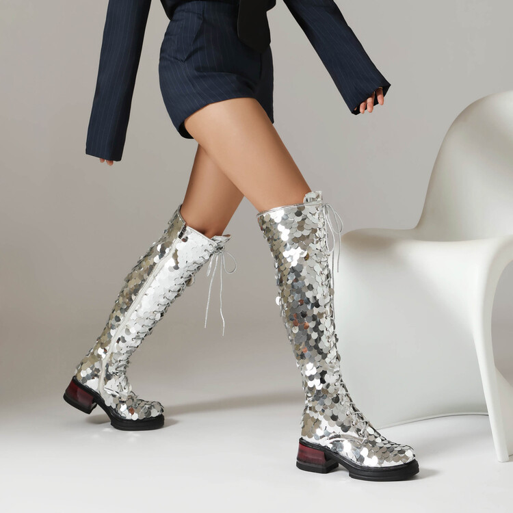 Silver Sequin Over-the-Knee Fashion Boots with Double Zipper - Image 3