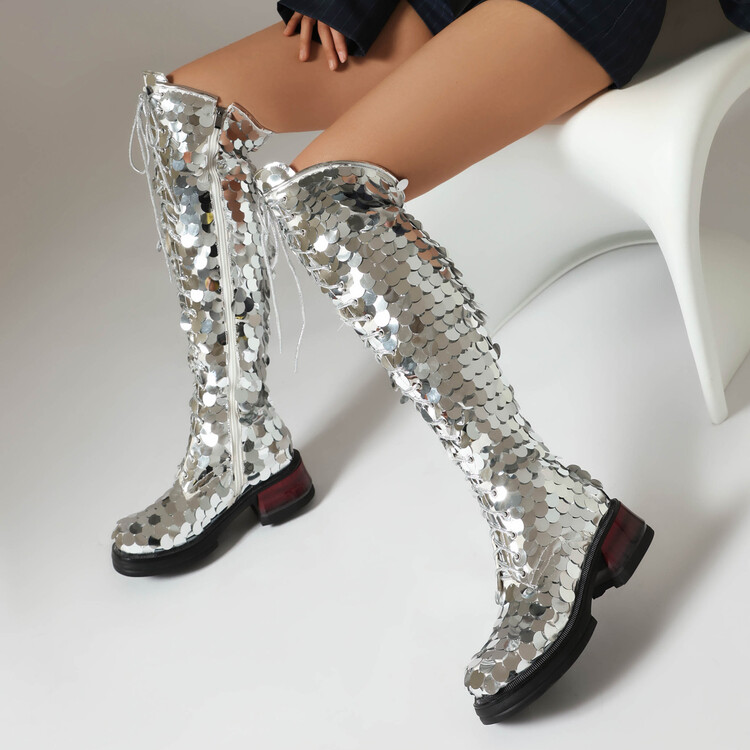 Silver Sequin Over-the-Knee Fashion Boots with Double Zipper - Image 4