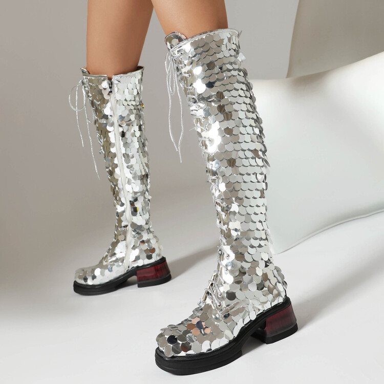 Silver Sequin Over-the-Knee Fashion Boots with Double Zipper