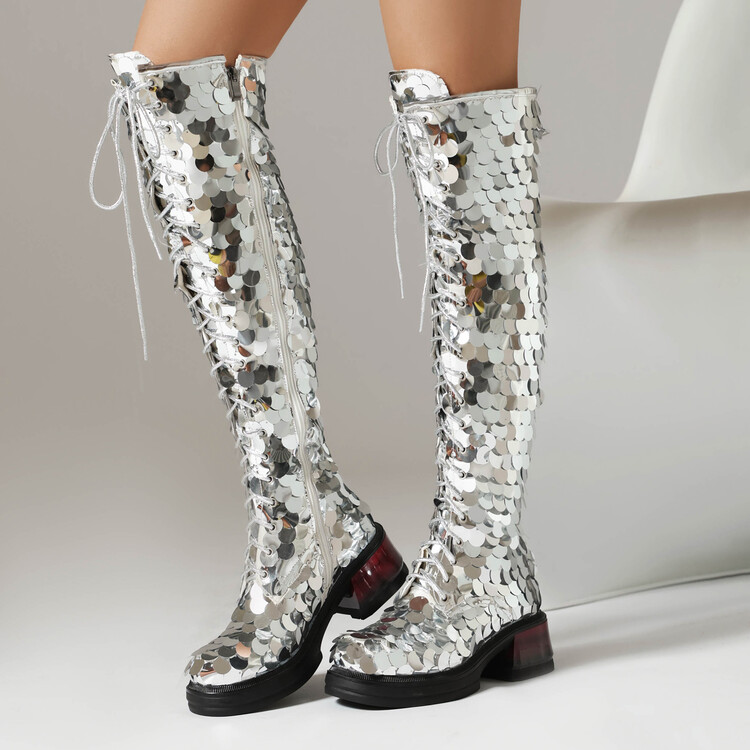 Silver Sequin Over-the-Knee Fashion Boots with Double Zipper - Image 2