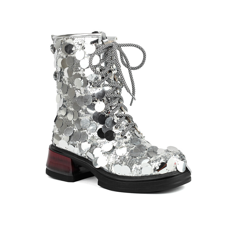 Silver Sequin High Shaft Fashion Boots with Lace-Up Front - Image 4