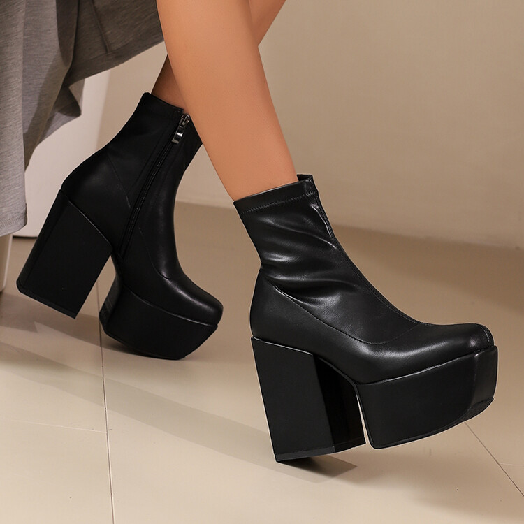 Women's High Shaft Chunky Heel Platform Fashion Boots with Side Zipper - Style s.html