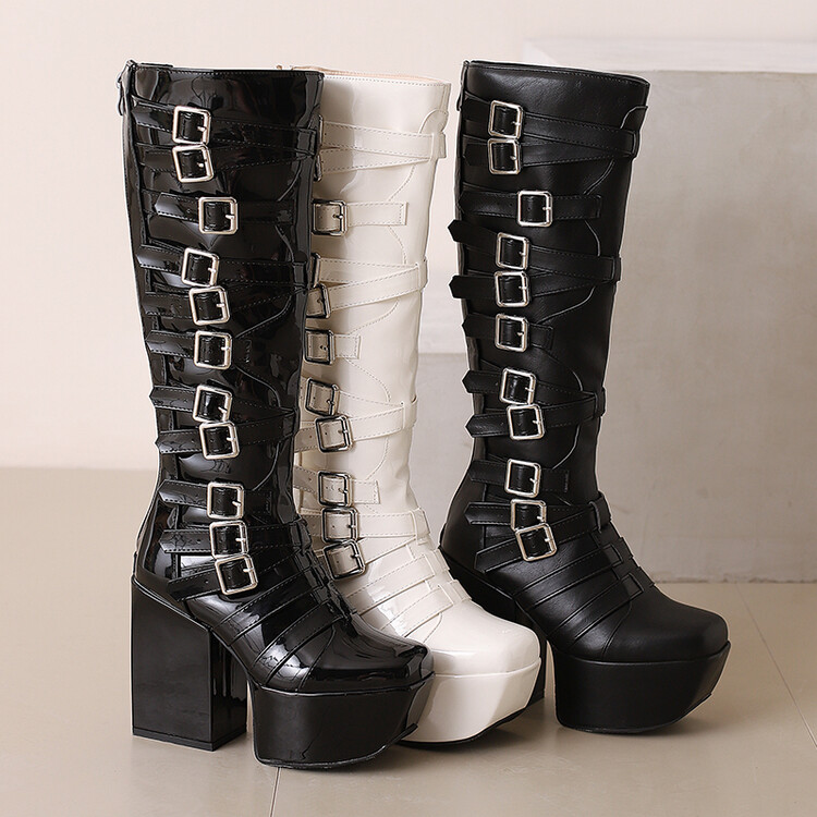 Women's High Shaft Square Toe Chunky Heel Fashion Boots with Buckle and Platform - Style e.html - Image 2