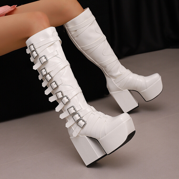 Women's High Shaft Square Toe Chunky Heel Fashion Boots with Buckle and Platform - Style e.html - Image 4