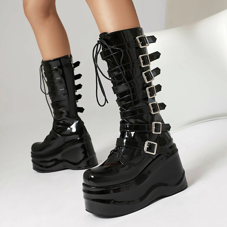 Women's High Shaft Platform Fashion Boots with Lace-Up and Metal Details