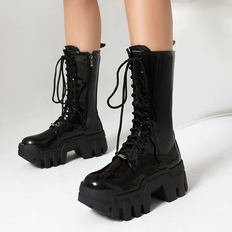 Women's High Heel Platform Fashion Boots with Lace-Up and Metallic Details