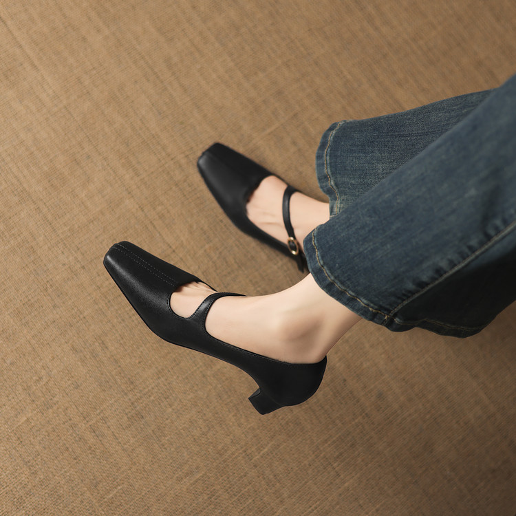 Minimalist Square Toe Chunky Mid Heel PU Shoes - Image 4